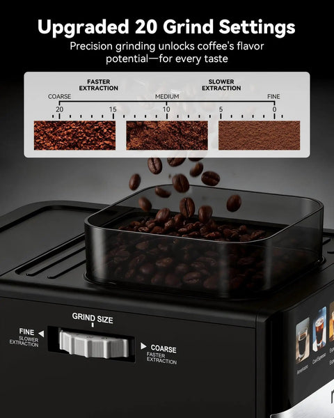 Espresso Machine With Grinder And Steam Frother For Home Use 20 Bar Pressure Compact Coffee Maker showing 20 grind settings