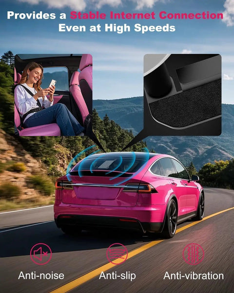 User in a car enjoying steady internet connection with Built Tough Starlink Mini Suction Cup Mount For Car Windows Sunroof Tracks.