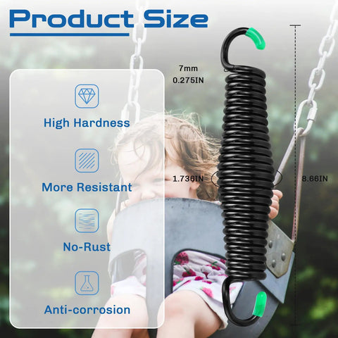 Beefy Heavy Duty Porch Swing Springs Two Pack 1300 Lb Capacity Rust Resistant Chrome Plated 304 Stainless Steel shown on swing