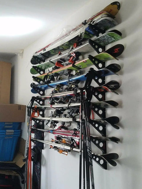Beastly Heavy Duty Horizontal Ski Rack Wall Mount for garage storage holding multiple skis and poles, showcasing wall organization.