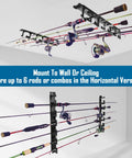 Horizontal Fishing Rod Holder For Garage Wall Or Ceiling Mount Holds Up To 6 Rods Or Combos Staggered Design Rack installed