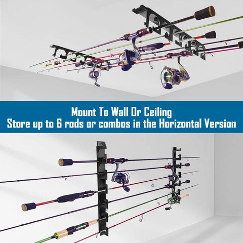 Horizontal Fishing Rod Holder For Garage Wall Or Ceiling Mount Holds Up To 6 Rods Or Combos Staggered Design Rack installed