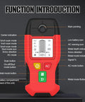 Stud Finder 6-in-1 Wall Scanner Metal Detector Live Wire(Red) showing function layout with buttons and indicators.