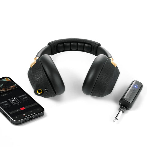 Spark NEO Wireless Guitar Headphone Amp And AI Powered Guitar Rig For Dope Audio Experience displayed with transmitter and app