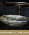 Vintage Handpainted Ceramic Vessel Sink For Bathroom Vanity Countertop Featuring Tough Glazed Finish And Super Slick Cleanup In Rad Ink Green No Overflow Basin, oval shape, mounted on dark countertop, modern faucet.