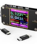 2 In 1 Digital USB Tester Meter With Type C Connector USB C Voltage Current Power Capacity Ammeter Voltmeter PD Battery Gauge QC Two Point Zero And Three Point Zero Fast Charge Recognition Cable Impedance Tester Checking Charging Speed showing colorful digital display