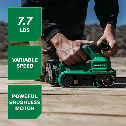 Person using 36V Cordless Belt Sander With Brushless Motor Pro Grade 3 Inch By 21 Inch Sanding Belt Kit Variable Speed With Auto Mode Compatible With 18V Or 36V Batteries Or AC Adapter Tool Body Only Power Sander outdoors.