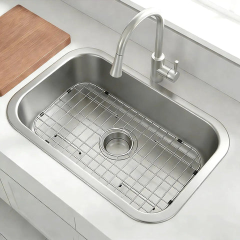 Heavy Duty Foldable Sink Protector Grid With Center Drain And Rounded Corners No Fuss Stainless Steel Drop In Sink Bottom Rack in kitchen sink.