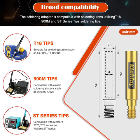 Diagram showing compatibility of the Soldering Iron Adapter with T18, 900M, and ST Series Tips, featuring measurements and product visuals.