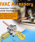 Brass copper HVAC Schrader service valve with knurled cap and 1/4'' SAE x 1/4'' OD fittings, front view