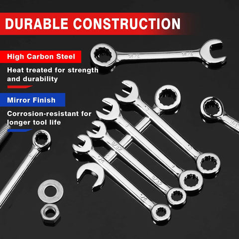 Compact 20-Piece Wrench Set With Metric And SAE Sizes Open End And Box End showcased on black surface with durable labels