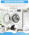 Upgraded Beefed Up Washer Lid Lock Assembly W11307244 on front-load washer with plastic clasp, sturdy lock, and copper plug