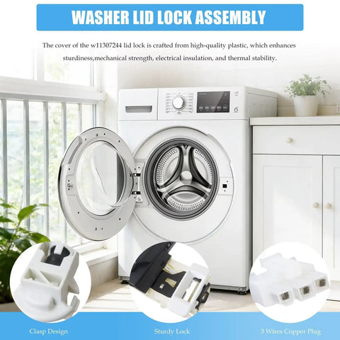 Upgraded Beefed Up Washer Lid Lock Assembly W11307244 on front-load washer with plastic clasp, sturdy lock, and copper plug