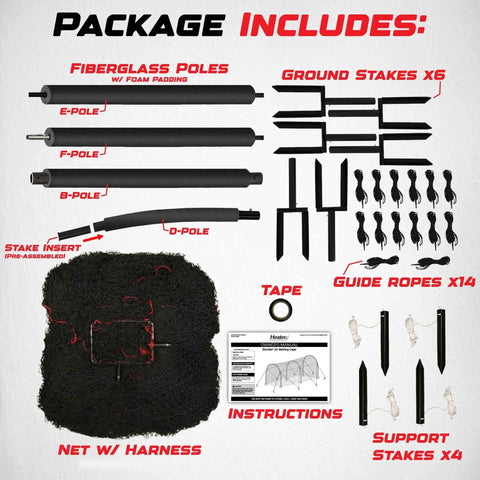 Xtender 30 Foot Baseball And Softball Batting Cage With Net And Frame package contents including poles, stakes, and ropes.