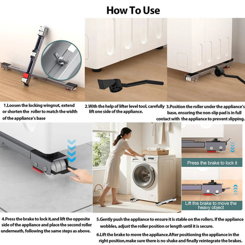 Heavy Duty Appliance Rollers With 36 Inch Extendable Sliders Anti Slip Feet And Lifter Lever Tool Move Washers Dryers Refrigerators