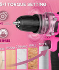 Pink Cordless Drill Kit For Women, 20V Lithium-Ion Power Drill With 67Pcs Driver Bits showing 25+1 torque setting detail.