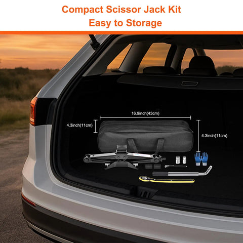 Heavy Duty 2.5 Ton Scissor Jack Car Tire Changing Emergency Tool Kit With Lifting Handle And Safety Stand For SUV Truck And Sedan Black in car trunk.