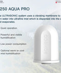 Aqua Pro 2-In-1 Humidifier Filter A250 Demineralization Cartridge shown with text on features and benefits.