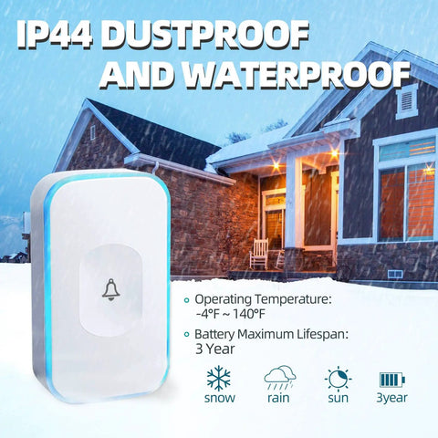 Long Range Wireless Doorbell Kit 1200 Feet Plug In Receiver System shown with IP44 dustproof and waterproof features