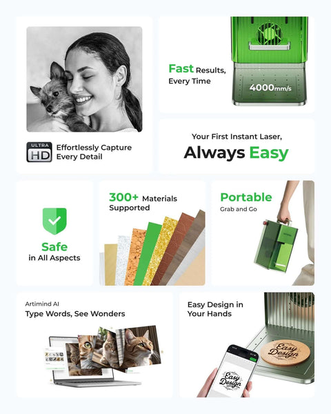 xTool F1 Lite portable laser engraver collage for wood, leather and acrylic engraving.