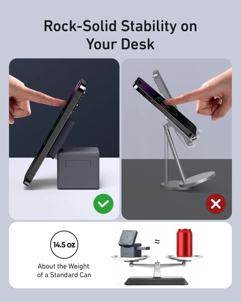 Comparison of 3 In 1 MagSafe Wireless Charger Stand For iPhone 17 16 15, stability on desk with weight shown