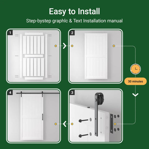 Step-by-step installation guide for White 30X84 Inches Sliding Barn Door Smooth Rail System Floor Guide H-Frame Hardware Kit.