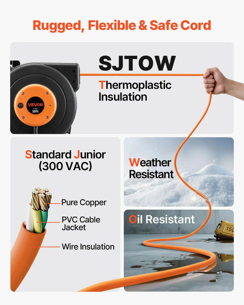 Heavy Duty 30 Ft Retractable Extension Cord Reel With Automatic Rewind And Triple Grounded Sockets Badass 16 Awg Cable features SJTOW thermoplastic insulation.