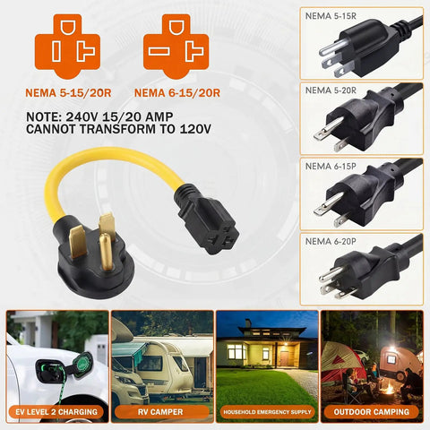 30 Amp EV Adapter Cord 6-30P To 6-20/15R Or 5-20/15R T Blade, 12 AWG, 1 Ft, 240V Male To Female Plug with NEMA configurations