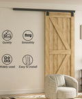 Heavy Duty Sliding Barn Door Track Kit With Ceiling Mount Box Rail For Single Door Easy Install Five Foot Rail installed on wood door in living room.