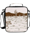 Insulated Kids Lunch Bag For Outdoor Camping Large Capacity Fits Lunch Boxes Water Bottles Snacks And Fruit 10.5x9.5x3.5 Inches With Tough 300D Oxford Cloth And Aluminum Lining featuring desert design with cacti and horse.