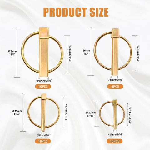 Product size chart for Heavy Duty Lynch Pin Kit 50 Piece Set for Farm Equipment showing various ring clip dimensions