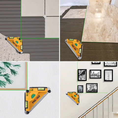 Square Laser Level With Green Beam, 65 Feet Tile Floor Layout, 90 Degree Aluminum Base, Magnetic Level Square, Built In Bubble Vials, Nails And AA Batteries Included, Pro Grade Accuracy For Quick, Simple Home Renos used for tile and wall alignment