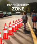 32 Foot Plastic Chain With 6 Connector Kits For Linking Traffic Cones And Barriers A Pro Grade Setup For Construction Sites Roadwork Parking Lots Driveways And Home Use, showing linked traffic cones creating a boundary on a road.