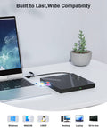 All In One External Blu Ray Drive For Real Fast 100 GB Disc Read And Write Supports Massive 100GB Discs Burn And Backup High Capacity Media Reads Blu Ray Up To 6x DVDs Up To 8x Great For PC Mac And Laptop Use Plug And Play Ready. external Blu-ray drive on laptop desk