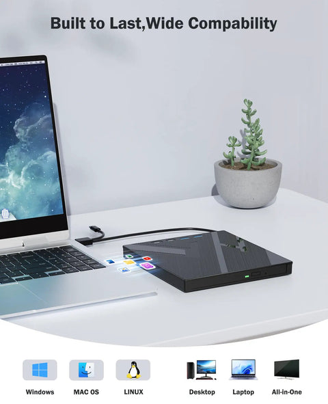 All In One External Blu Ray Drive For Real Fast 100 GB Disc Read And Write Supports Massive 100GB Discs Burn And Backup High Capacity Media Reads Blu Ray Up To 6x DVDs Up To 8x Great For PC Mac And Laptop Use Plug And Play Ready. external Blu-ray drive on laptop desk