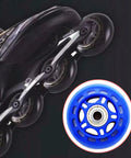 Close-up of blue 70mm inline skate wheel with pre-installed bearings, durable PU, suitable for beginner rollerblades and casterboards.