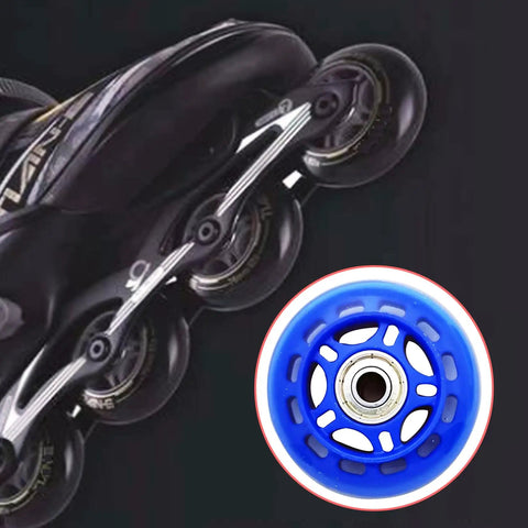Close-up of blue 70mm inline skate wheel with pre-installed bearings, durable PU, suitable for beginner rollerblades and casterboards.