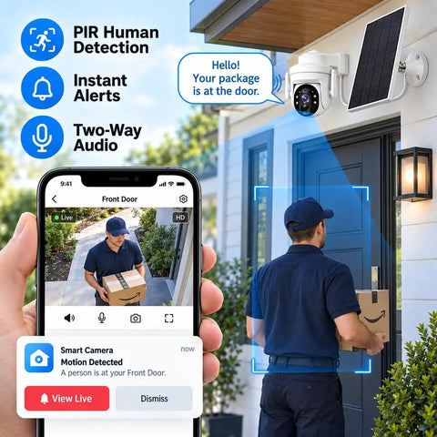 Slick Solar Powered Outdoor Wireless Security Camera Capturing Crisp 3MP HD Video showing PIR detection with delivery person.