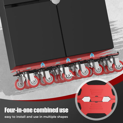 Kavlium Heavy Duty Furniture Dollies With 5-Wheel Movers, showing red rollers under a black cabinet for smooth transport.