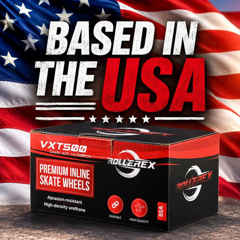 Durable 76mm Inline Skate Wheels 2-Pack With Optional Bearings Spacers And Washers For Ultra Smooth Indoor And Outdoor Skating Steel Black Finish Great Replacement For Your Daily Rides with box labeled 'Based in the USA'