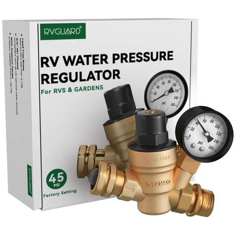 RV water pressure regulator by RVGUARD in lead-free brass with dual gauges for RVs and campers