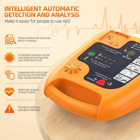 Orange AED portable defibrillator with front control panel and display screen.