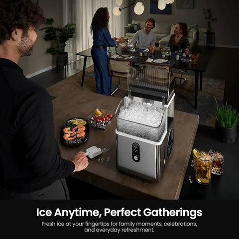 Rapid Chill Countertop Nugget Ice Maker Churns Out 35 Pounds Daily Stainless Steel Portable Unit with ice and food.