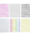 Assorted colorful alphabet letter stickers on six white sheets in various fonts and sizes, arranged in a grid pattern.