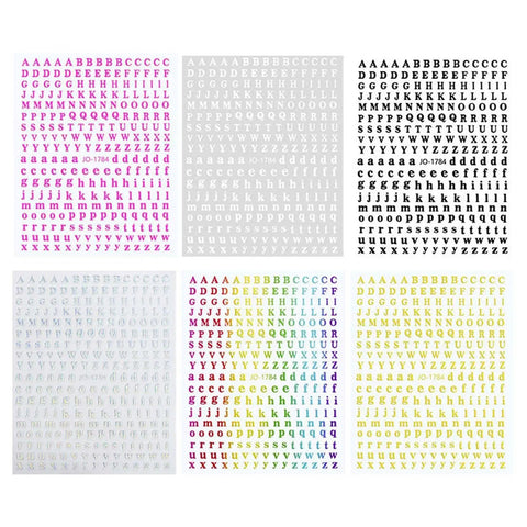 Assorted colorful alphabet letter stickers on six white sheets in various fonts and sizes, arranged in a grid pattern.