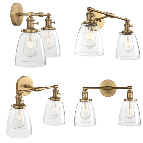 Four angles of a Two Light Wall Sconce With Switch Vintage Industrial Brushed Metal Fixture 5.6 Inch Bell Glass Canopy Retro Farmhouse