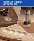 Knockout 2 Pack Of Half Inch Forstner Bits With Multi Tooth Heads For Dead On Accuracy And Slick Flat Bottom Wood Holes Perfect For Cabinet Building And Fine Woodworking Jobs That Work Like A Charm, showing precision flat bottoms and edge holes.
