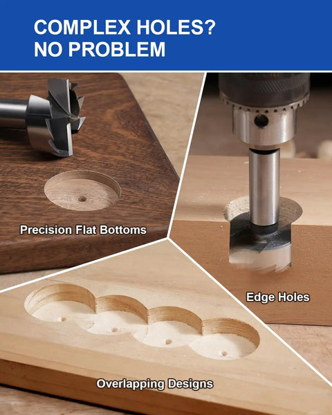 Knockout 2 Pack Of Half Inch Forstner Bits With Multi Tooth Heads For Dead On Accuracy And Slick Flat Bottom Wood Holes Perfect For Cabinet Building And Fine Woodworking Jobs That Work Like A Charm, showing precision flat bottoms and edge holes.