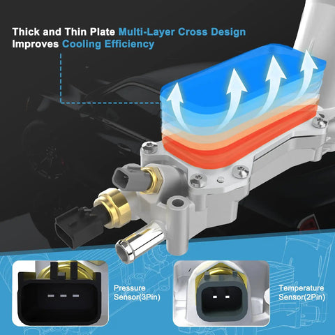 Diagram of Beefed Up Aluminum Engine Oil Cooler And Oil Filter Housing Adapter for 3.6L V6 Vehicles, featuring sensors and cooling design.