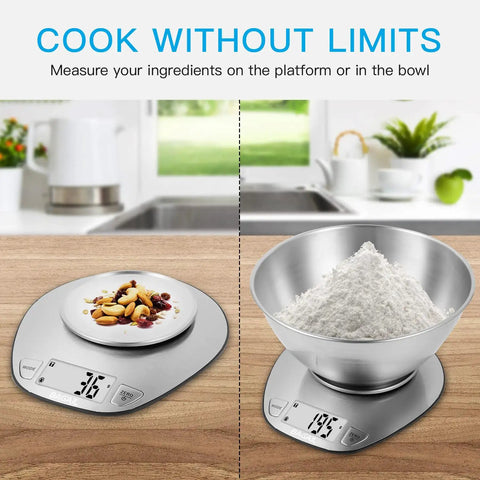 Digital Kitchen Scale With Large Clear Display And Stainless Steel Mixing Bowl For Wet And Dry Foods, Weighs Up To 11 Lb
